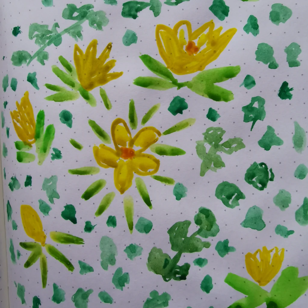 Ein Aquarell mit leuchtend gelben Blüten, die sich wie Sonnenstrahlen über die Seite verteilen. Umgeben von verschiedenen Grüntönen entsteht eine lebendige und frische Frühlingsszene.